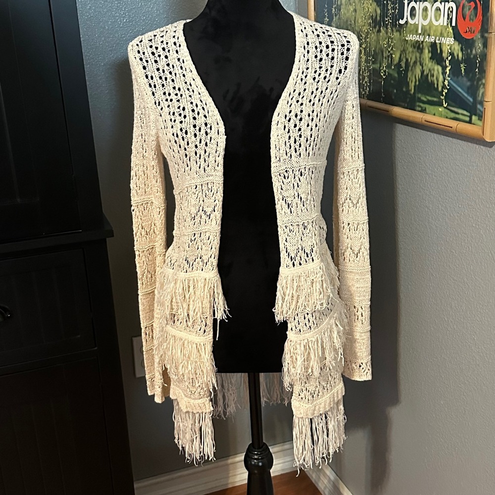 Arizona Jean Co Sweater Open Front Girls 14 Large Cream Crochet Fringe Boho